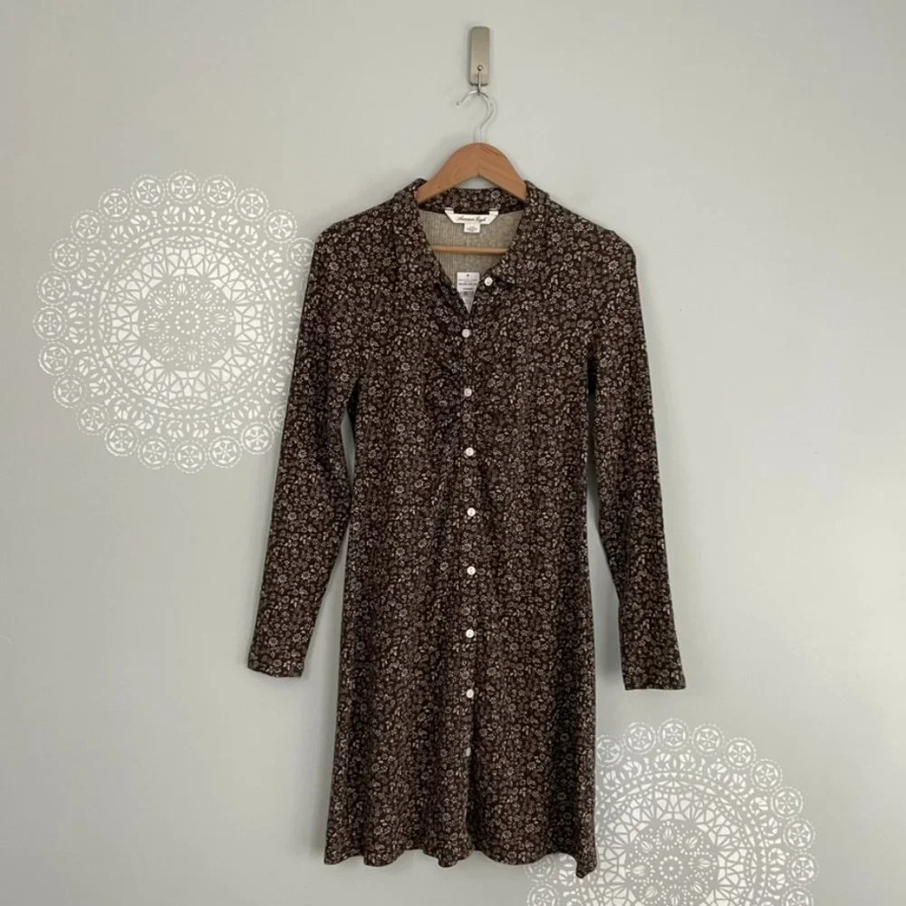 American Eagle Ruched Knit Button Front Floral Mini Dress Size Large